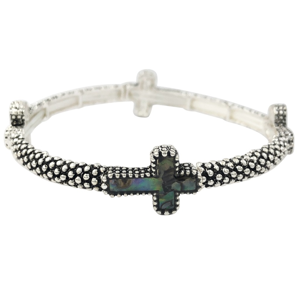 Christian Cross Abalone Shell Inlay Silver Tone Stretch Bracelet